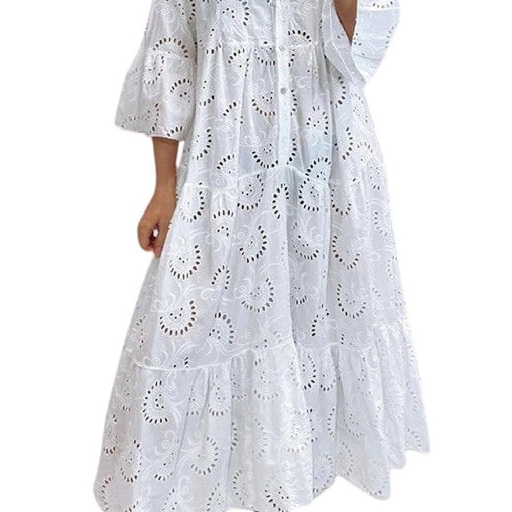 Boho White Eyelet Lace Maxi Dress - Tiered V-Neck Sundress